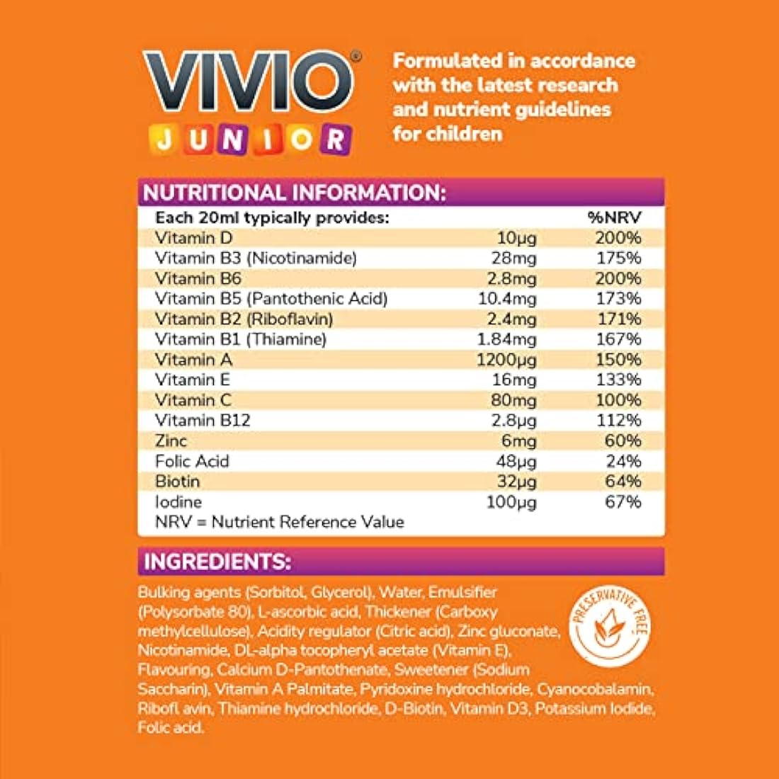 VIVIO Junior Multivitamin Tonic for Kids – 12 Added Vitamins Plus Zinc & Iodine to Support Your Child’s Immunity & Cognitive Function - Orange - 250ml