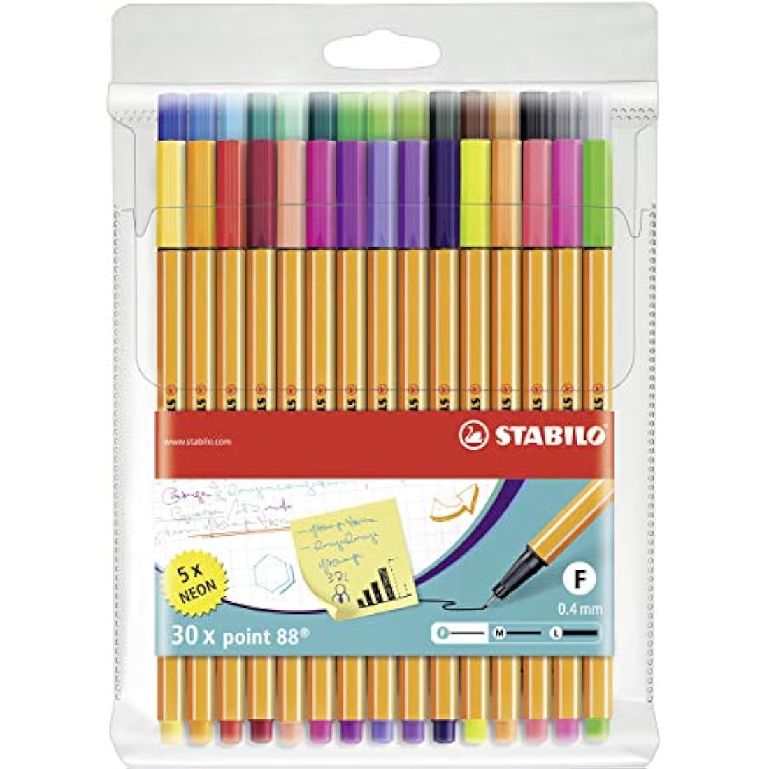 STABILO point 88 - Fineliner - Pack of 30 - Assorted Colours including 5 Neon Colours