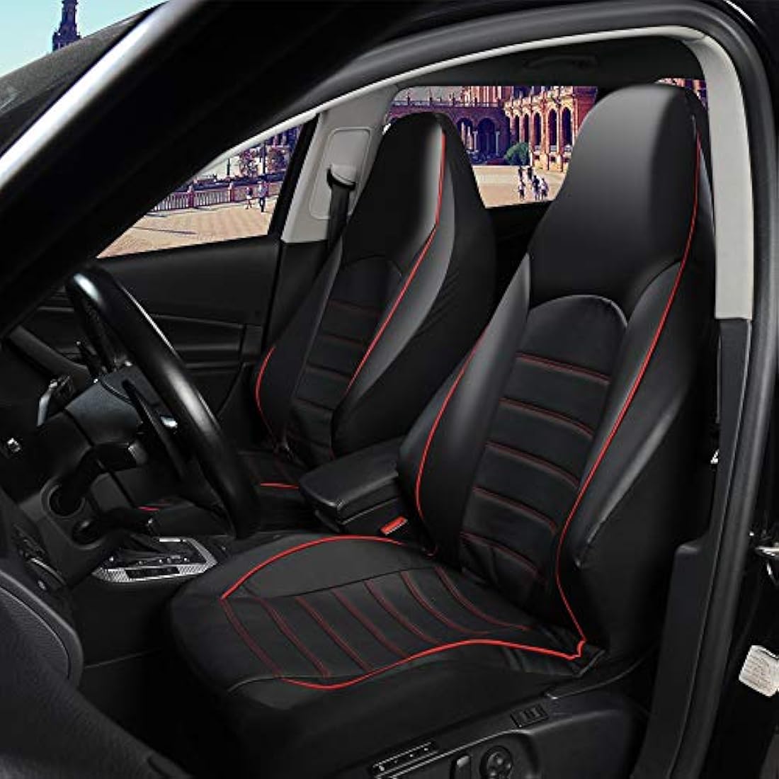 TOYOUN Classic Universal PU Leather Car Front Seat Covers High Back Bucket Seat Cover - Fit Most Cars, Trucks, SUVS, or Vans 2 PCS Red Auto Seat Covers Set Car Seat Protector for All Seasons