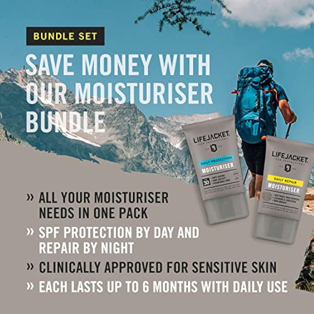 LifeJacket Moisturiser Set - Daily Protection Moisturiser SPF30 100ml + Daily Repair Overnight Hydration Face Cream 100ml Anti Ageing Moisturiser Gift Set Clinically Approved for Sensitive Skin