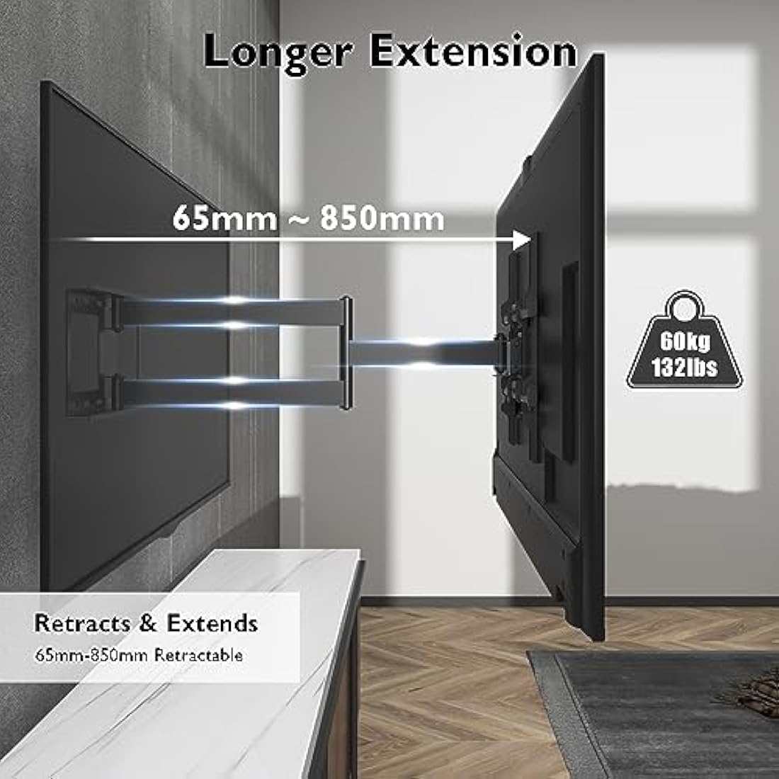 BONTEC TV Wall Bracket, Universal TV Wall Mount for 32-70 Inch, Extra Long Articulated Arm 850mm, Tilt Swivel Rotate Full Motion, VESA Wall Mount Max 400x400mm, 60kg Load