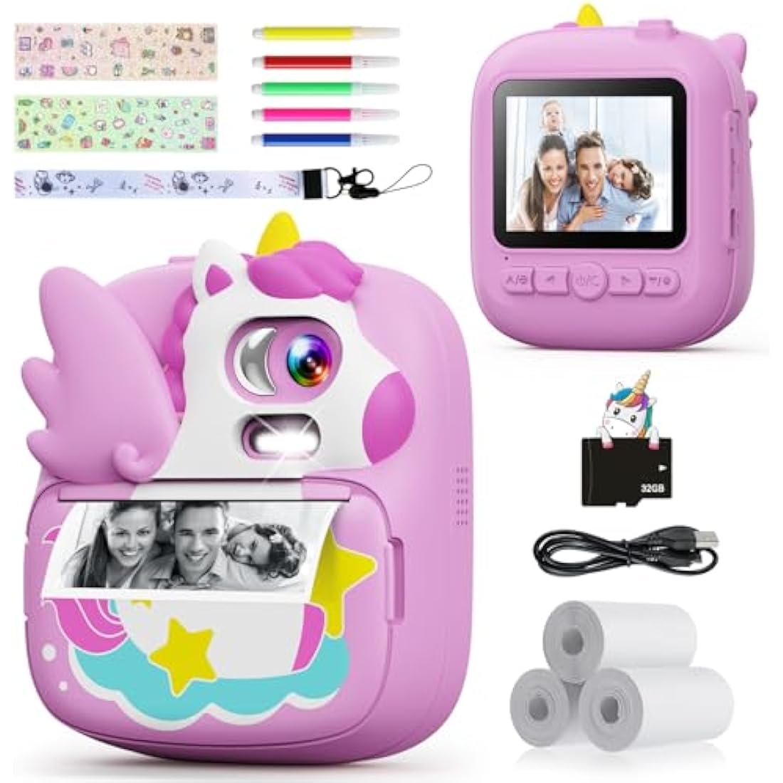 CAMCLID Kids Camera Instant Print, 2.4’‘ Instant Camera for Kids with 32G Card & Print Photo Paper, 1080P HD Video, Christmas Birthday Gifts for Boys Girls Age 3-12 (Purple)