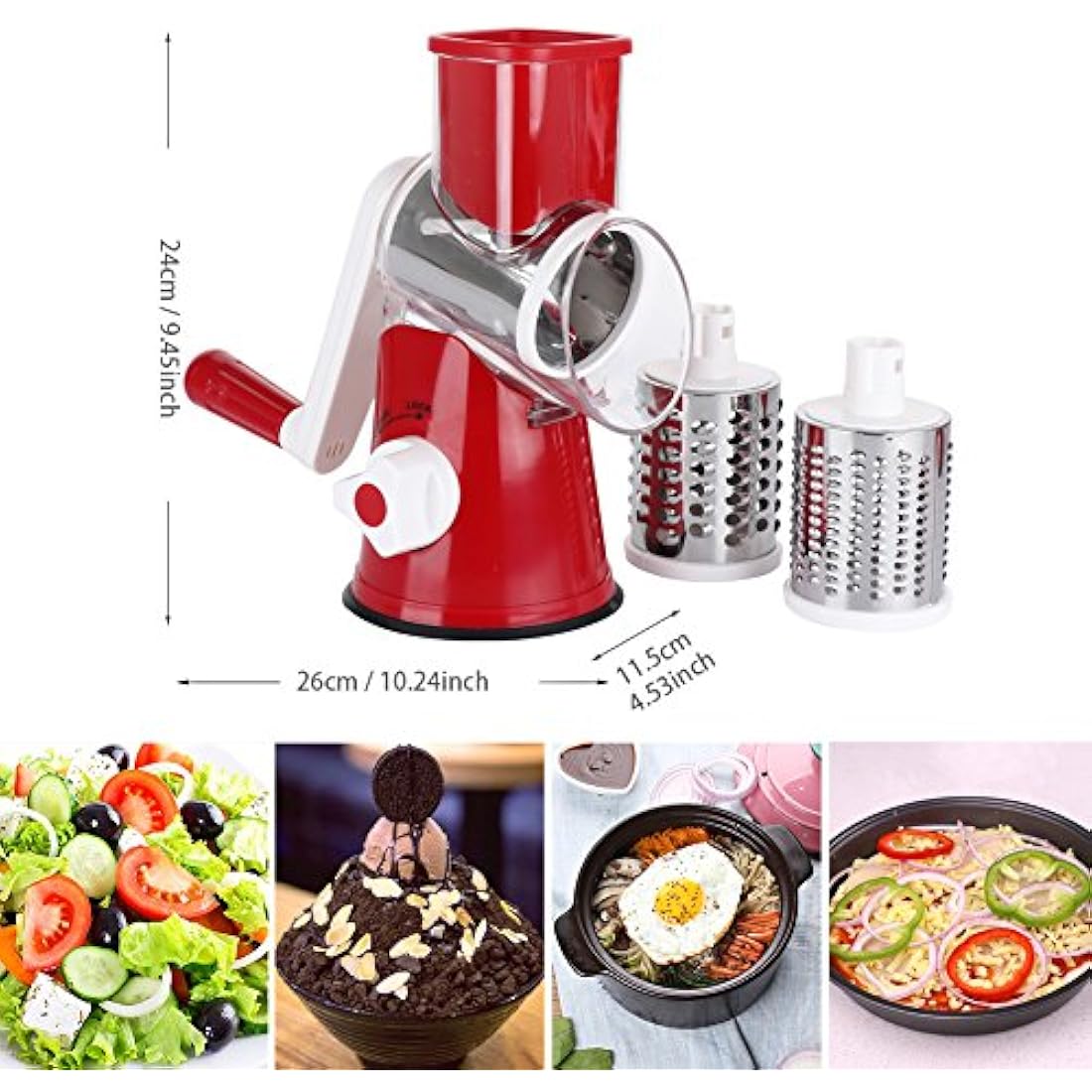 Ourokhome Vegetable Mandoline Slicer Chopper- Rotary Cheese Grater with 3 Interchangeable Ultra Sharp Cylinders Stainless Steel Blades（Red）