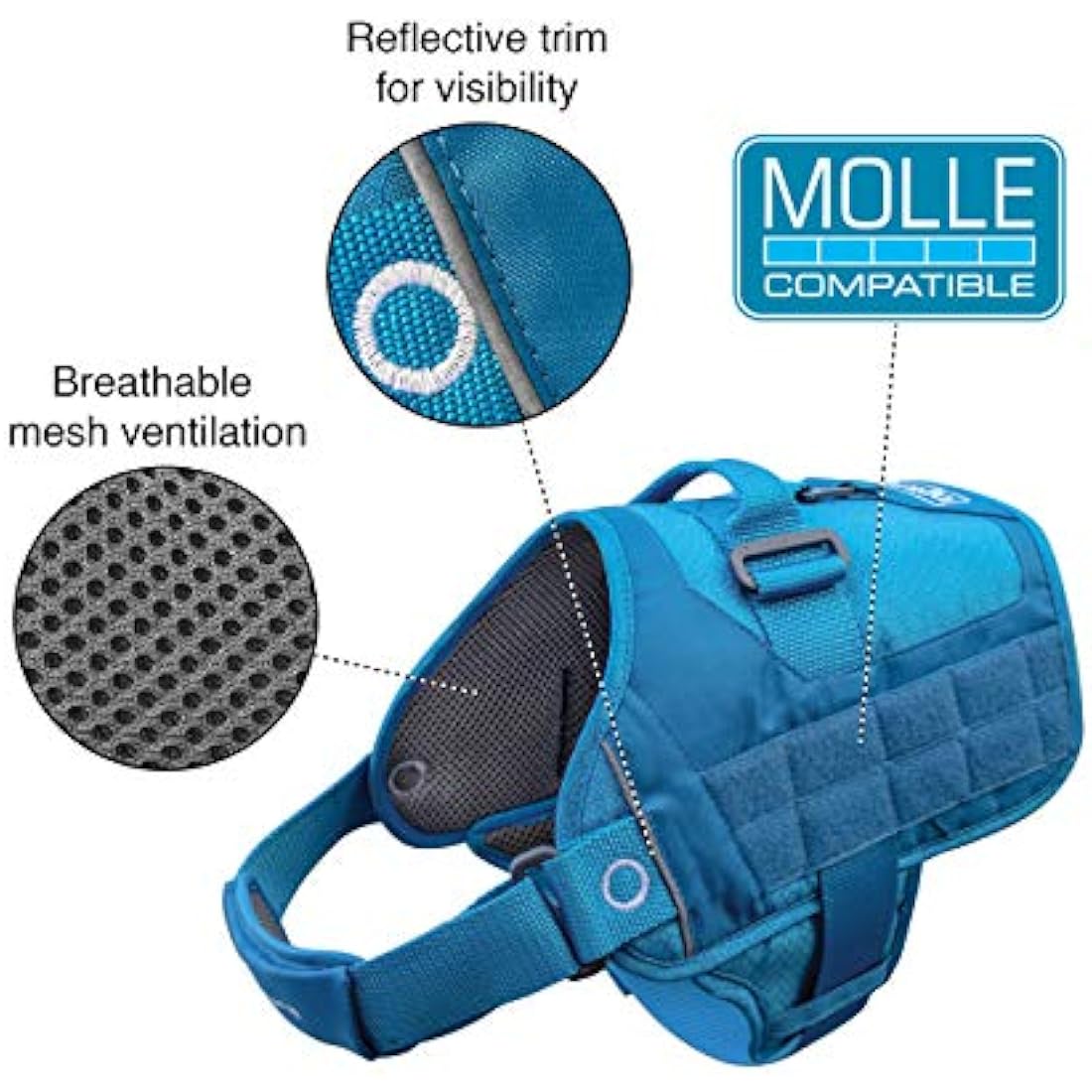 Kurgo RSG Dog Townie Harness, Easy On/Off Dog Hiking Harness, Adjustable, MOLLE Compatible, Small-Coastal Blue