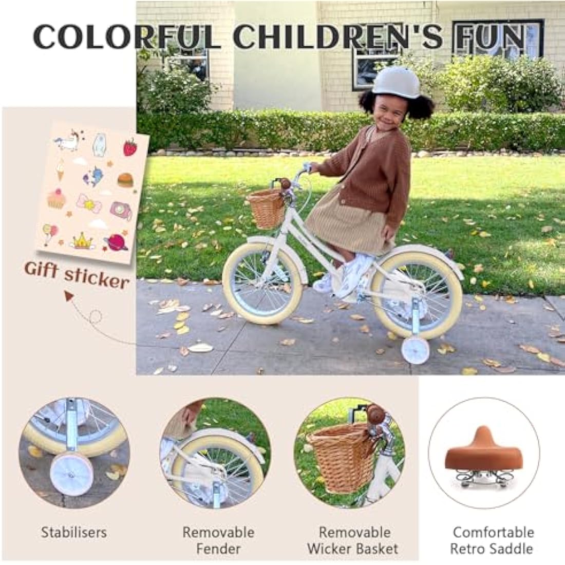 Glerc Little Molly 18 Inch Kids Retro Girls Bike for 2-13 Year Old with Wicker Basket & Stabilisers/Kickstand, Multiple Colors