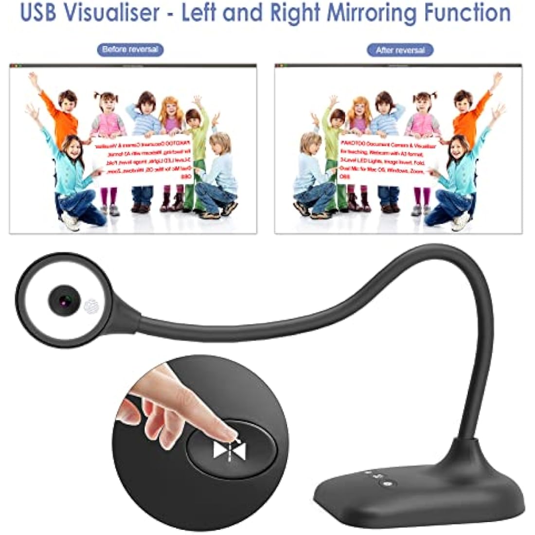 PAKOTOO Document Camera & USB Visualizer 5MP, for A3 Size, LED Light, iOS, Dual Microphone, Image Inversion, Folding with Zoom, Skype, Teams, OBS. for Windows, MacOS, Linux, Chromebook