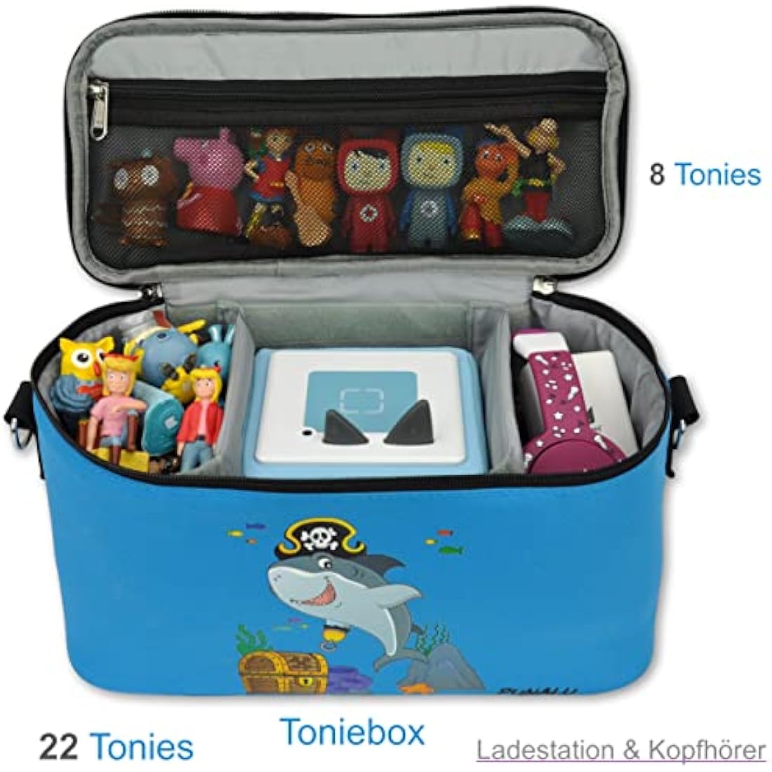 PUNALU Case for Toniebox, Space for 30 Tonies, Charger and Headphones Toniebox Bag (Shark Light Blue)