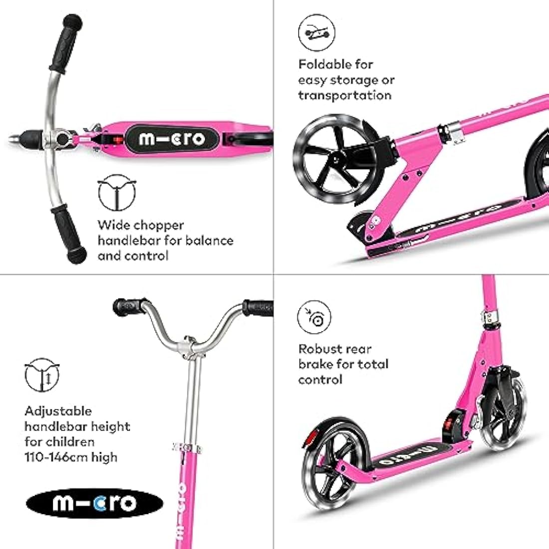 Micro Scooters | Cruiser LED Children's Scooter | Handlebar Adjustable | Lightweight | Light Up Wheels | Foldable | Kickstand | 6-12yrs | Boys & Girls