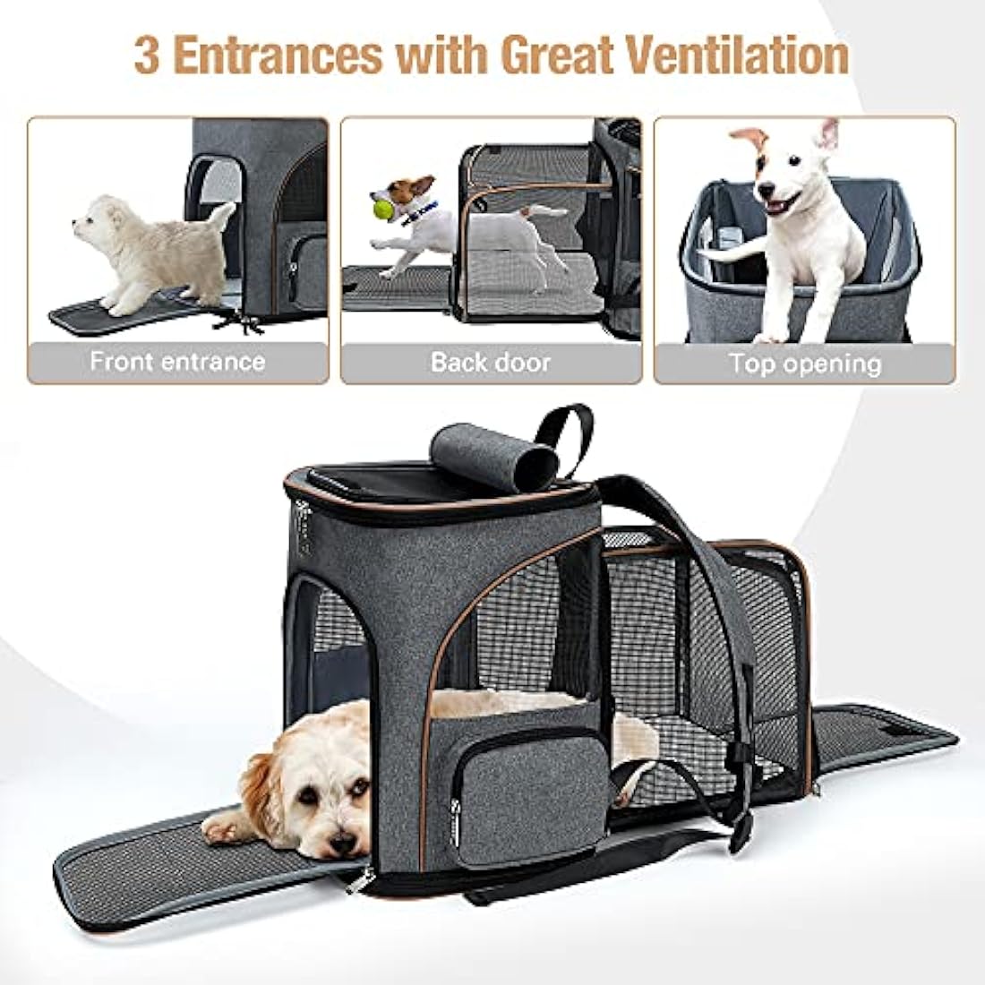 Lekesky Expandable Cat Carrier Backpack - Portable Breathable Rucksack for Medium and Small Cats & Dogs, Foldable with Inner Escape-proof Leash and Pet Mat, Supports 15 lbs (Grey)