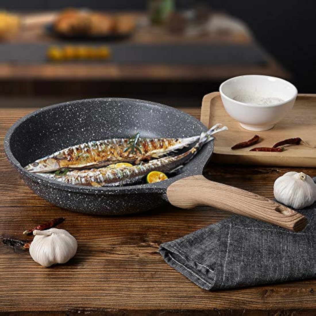 ZUOFENG Nonstick Frying Pan Skillet 24cm, Stone Pans Cookware Granite Coating, Induction Pans Saucepans Omelette Skillet