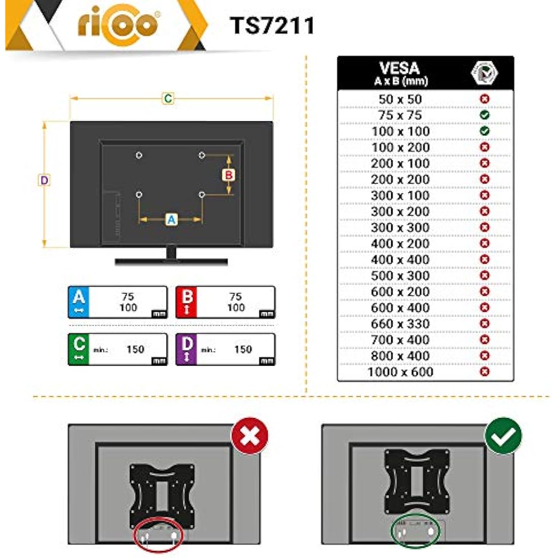 RICOO Single Monitor Stand Tilt Swivel 13-32 Inch TS7211 Universal VESA 75x75 100x100 Mount also Curved Screens Computer Monitor Bracket