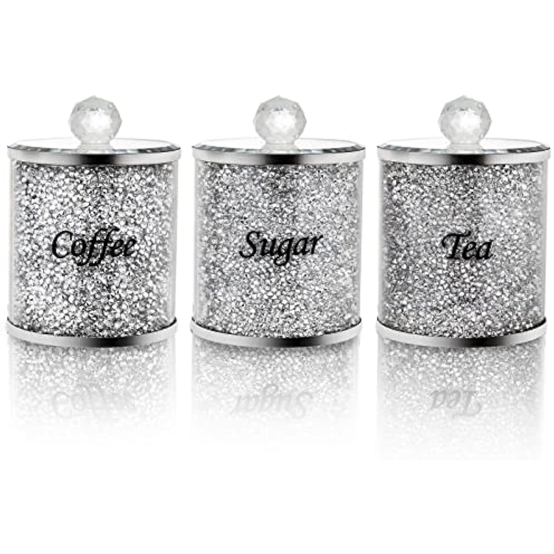 Cedilis 3 Pack Decorative Coffee Tea Sugar Canisters With Crushed Crystal Diamonds, Glass Food Storage Containers, Bling Kitchen Jar for Countertop Decor, Silver