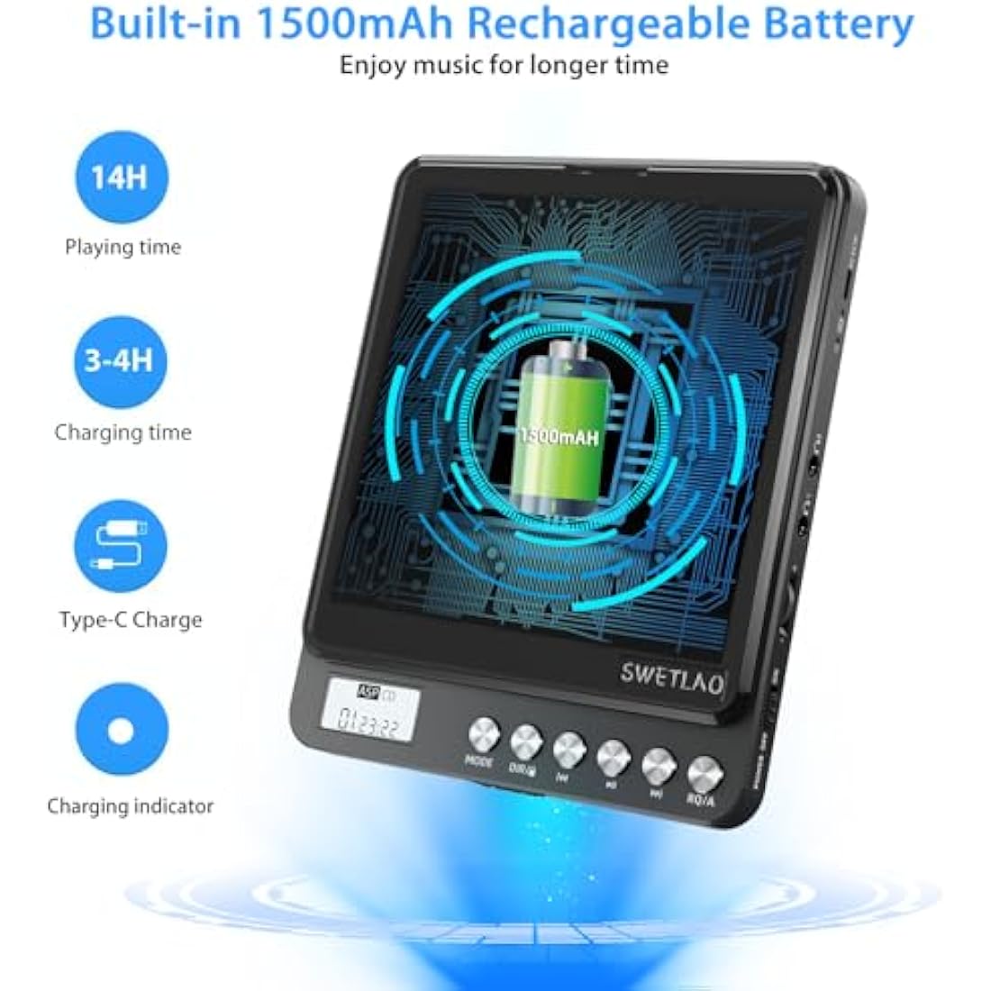 Portable CD Player with Built-in Speakers, Rechargeable CD Player with Double Headphone Jack, Anti-Skip Personal Compact CD Player for Car & Home & Travel