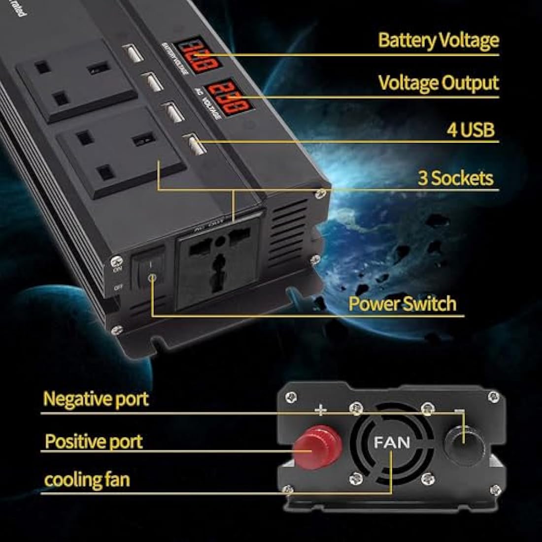 LVYUAN Power Inverter 1200/2500 W DC 12V to 240V AC Car Converter with 4 USB, 3 UK Sockets, Dual LED Display and Fan, Car Adapter, Black