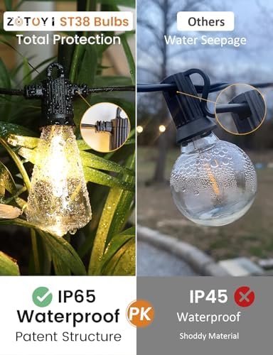 ZOTOYI 120FT IP65 Outdoor String Lights Mains Powered Garden Festoon Lights with 55+3 Shatterproof ST38 Plastic LED Edison Bulbs IP65 Waterproof for Indoor Outdoor Dimming Support, 2700K Warm White