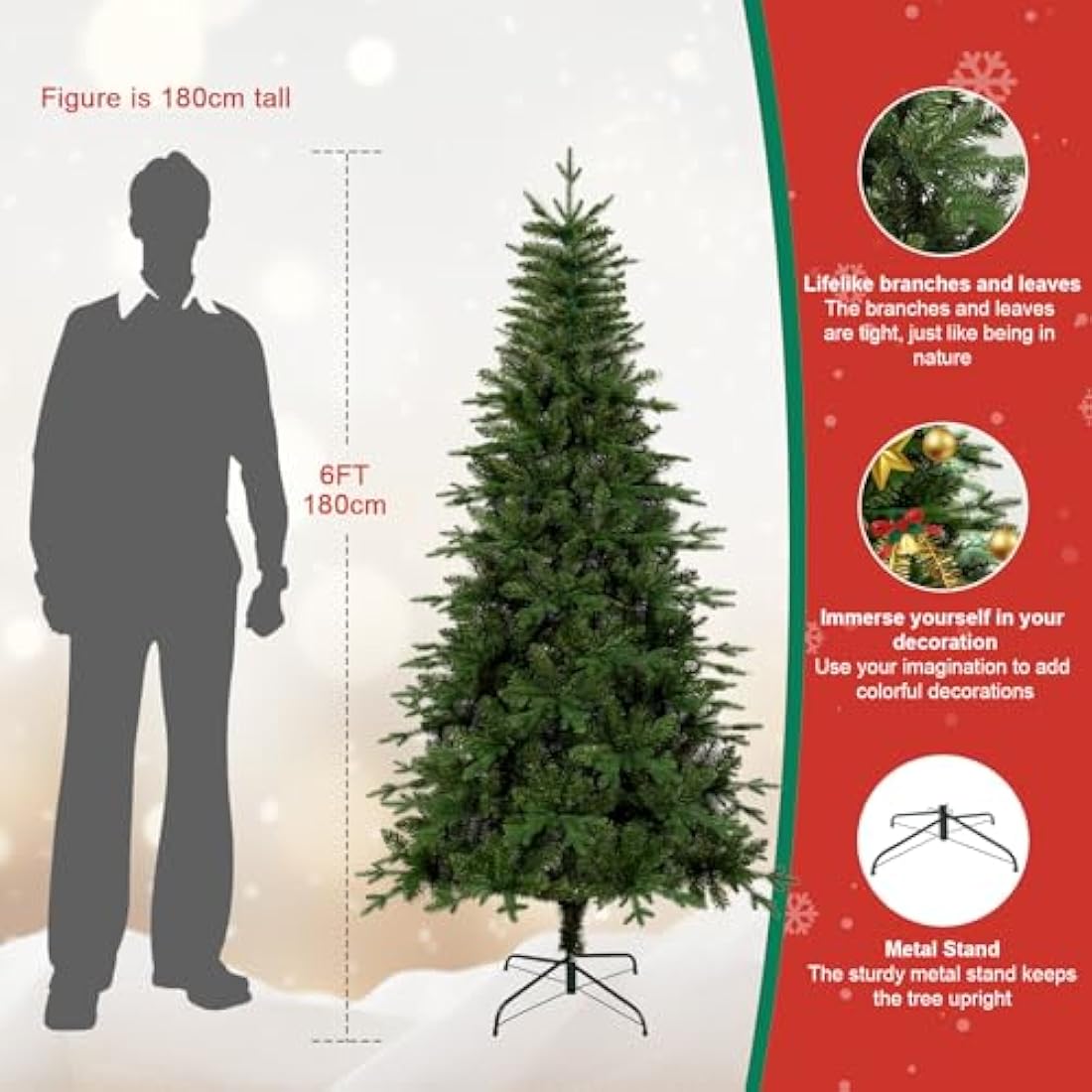 Uten 6ft Artificial Christmas Tree, with Realistic PE Leaves Artificial Indoor Home Xmas Tree Decoration, 628 Natural Looking PE & PVC Tips, Hinged Branches, Metal Stand, 2 Styles Branches, Reusable