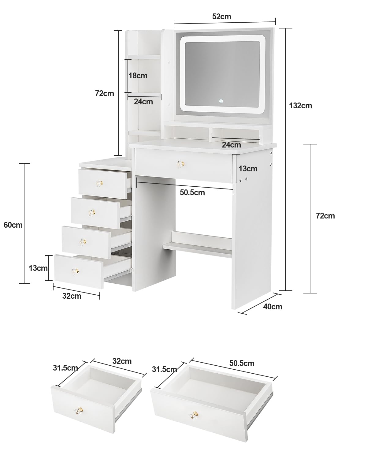 ZenkiHome Dressing Table with LED Mirror and Adjustable Lights, 90cm White Vanity Desk