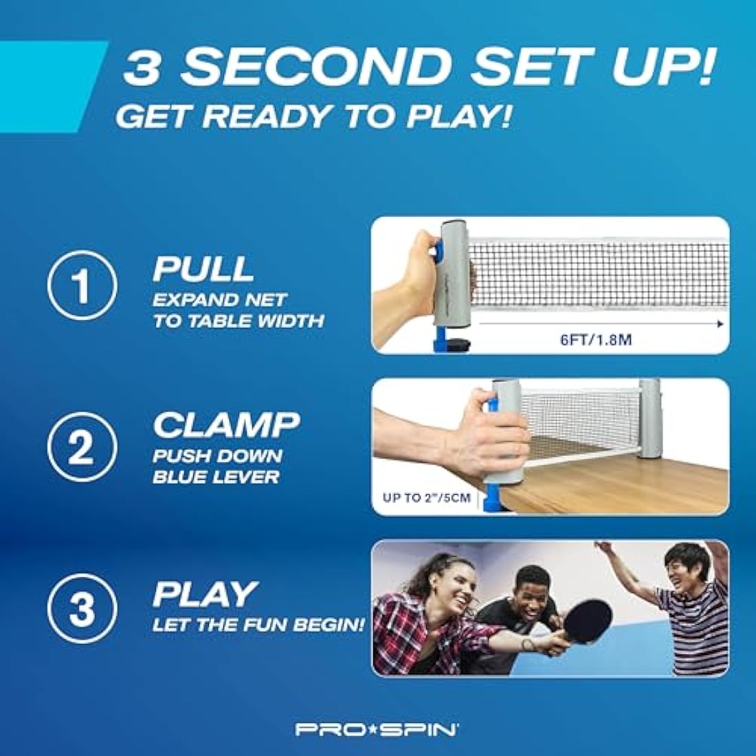 PRO SPIN Portable Table Tennis Set | Premium All-in-One Kit with Retractable Table Tennis Net for Any Table, Bats, 3-Star Ping Pong Balls & Storage Case | Great Gift & Indoor/Outdoor Game