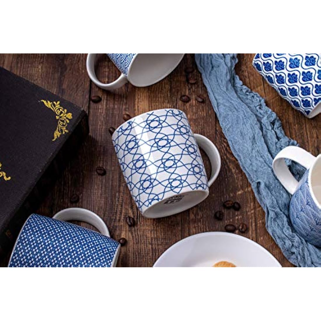 MACHUMA Set of 6 Coffee Mugs 340 ML/11.5 oz with Blue and White Geometric Patterns, Ceramic Tea Cup Set 6 Pack
