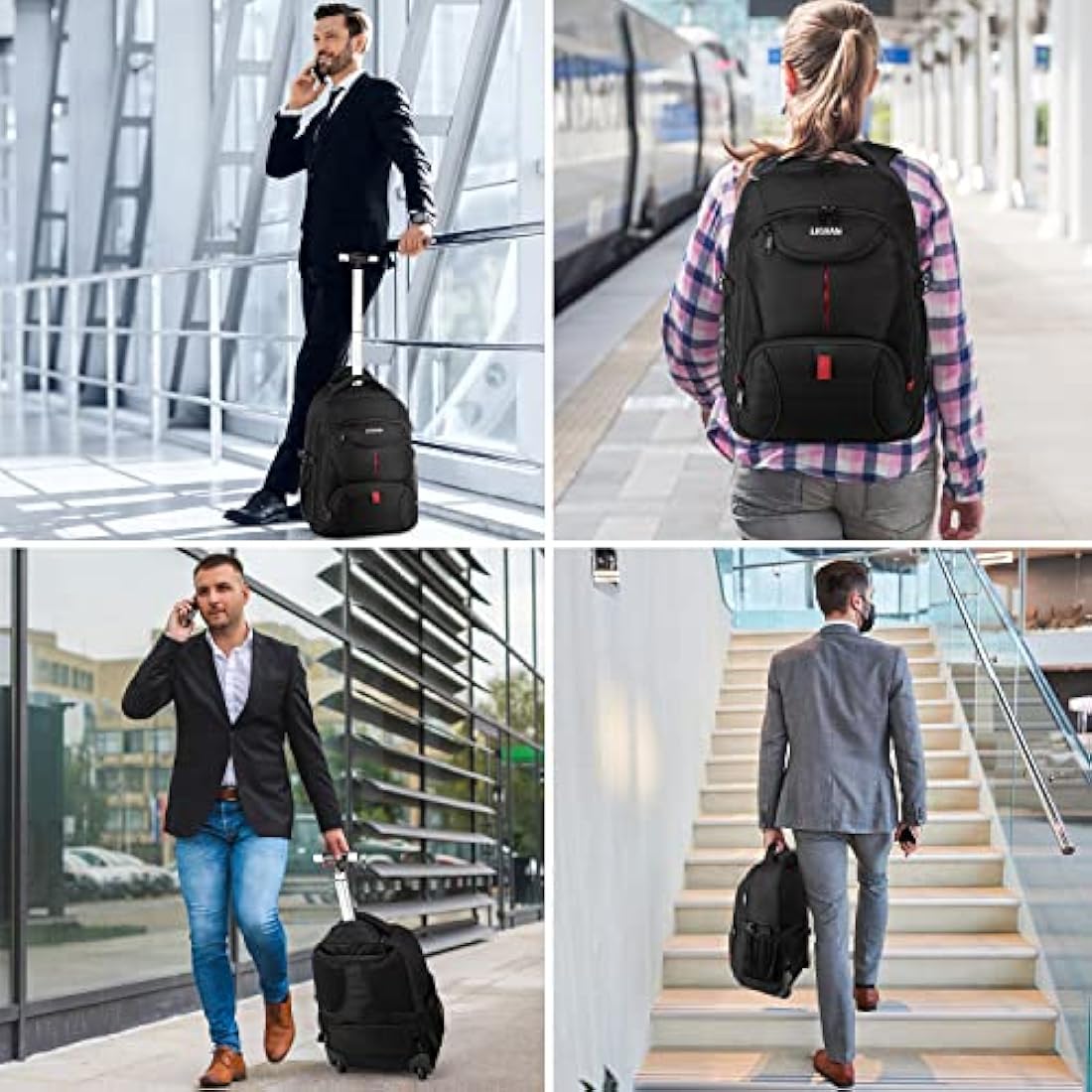 LIGSAN Travel Backpack with Wheels, 17inch Wheeled for Men Women Rolling Laptop Bags on Wheels Waterproof Rucksack Cabin Bag Trolley Suitcase Business College School Bag, Black