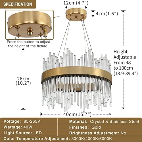 AOOCHOK Modern Crystal Chandelier Gold Pendant Light Fixtures, Small Crystal Hanging Lamp for Entryway, Corridor, Balcony, Porch, Restaurant, Door Opening, D40cm