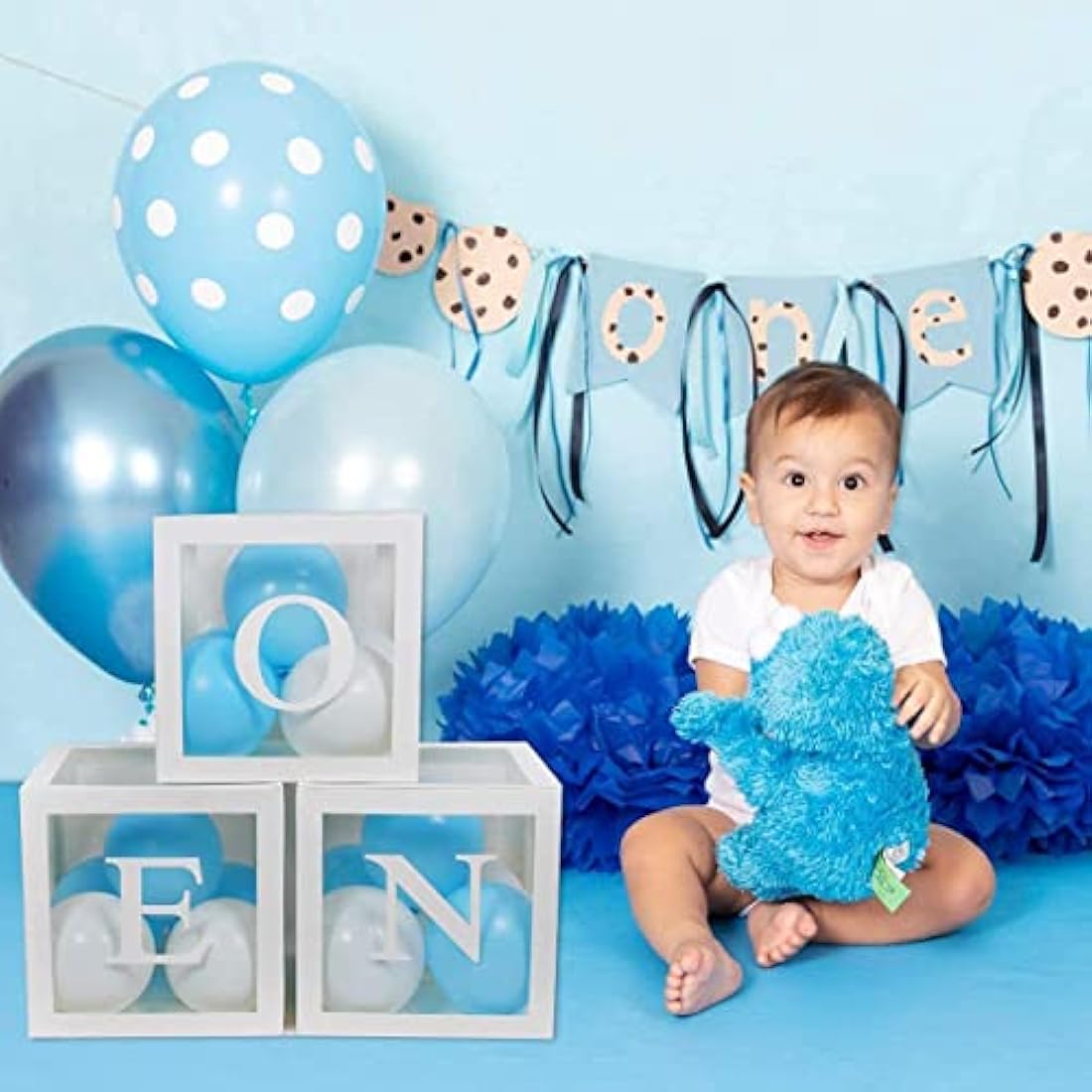 First 1st Birthday Decorations for Boys, 3Pcs White ONE Balloon Boxes with ONE Letter, One Boxes for 1st Birthday Backdrop, Balloon Blocks for First Birth Decorations, One Year Old Party Supplies