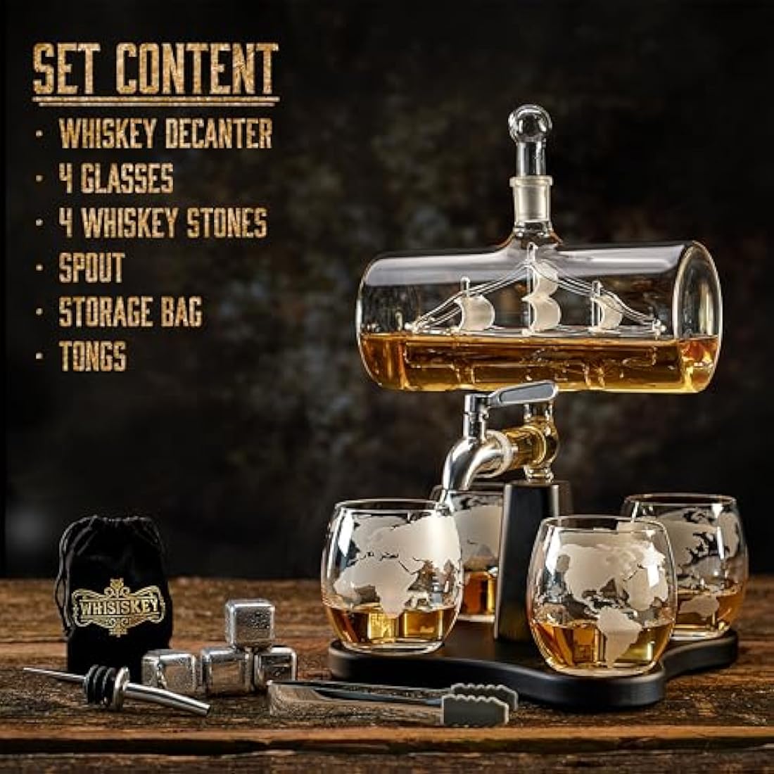 WHISISKEY - Whiskey Decanter Set - 1100ML Ship Carafe - Whiskey Gift Sets for Men - Whisky Set - Glass Gifts for Men - Inc. 4 Whiskey Glasses, 4 Whiskey Stones, Accessories