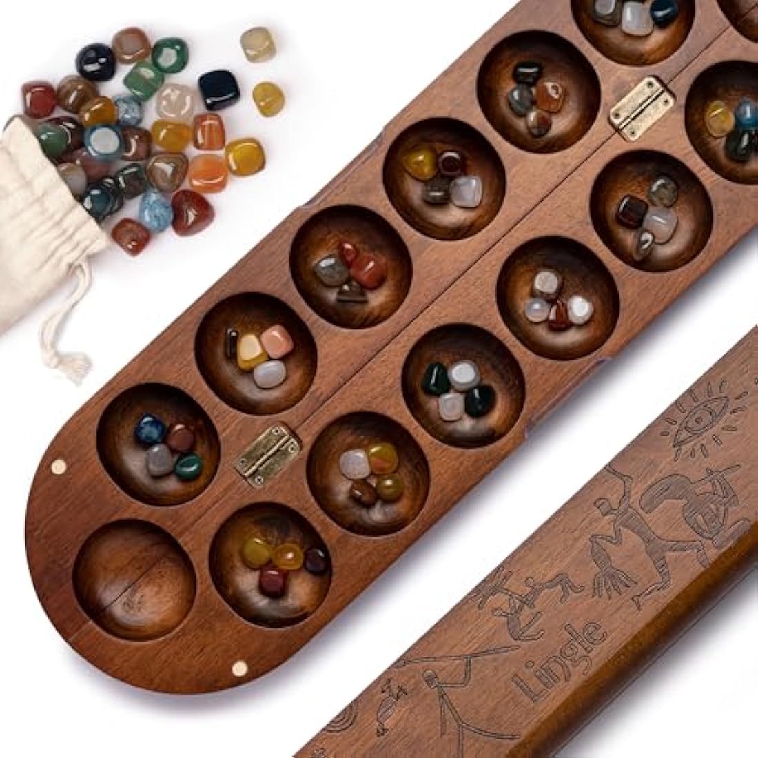 Deluxe Mancala Set: Real Wood Hinged Board with 48 Mixed Natural Gemstones - Authentic African Petroglyphs, Foldable Design for 2-Player Strategy Game