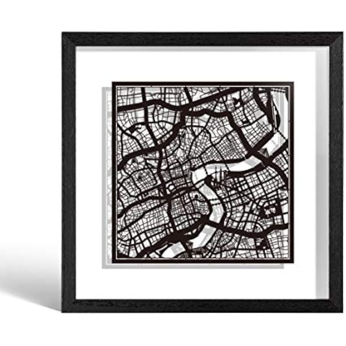 O3 DESIGN STUDIO Shanghai Paper Cut Map framed, Black map, Black frame, 9x9 inches, Gift Boxed, 2 background color, self-changing, Paper Art