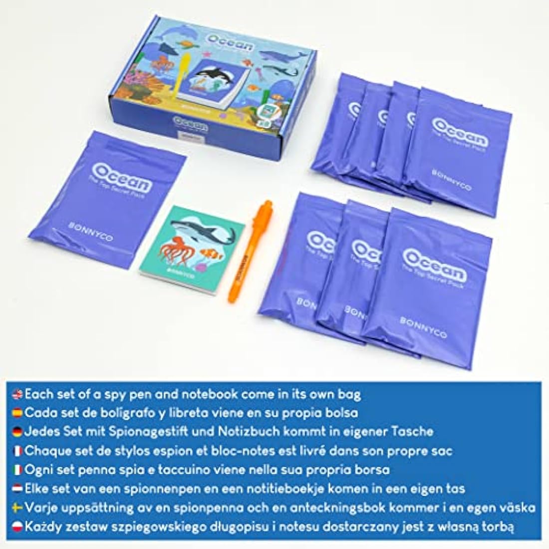 BONNYCO Invisible Ink Pen and Notebook, Pack 8 Sea Animals Ocean Party Bags Fillers, Pinata Toys | Birthday Decorations | Stocking Fillers for Kids Birthday | School Prizes, Gifts for Children