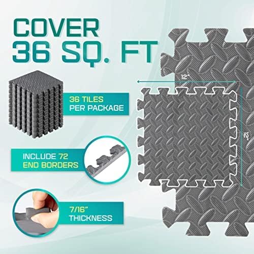 Yes4All FUKR Interlocking Mat Protective Flooring, Solid, N. 36 Square Feet (36 Tiles) -Gray, 12sqft (12'' x 12'')