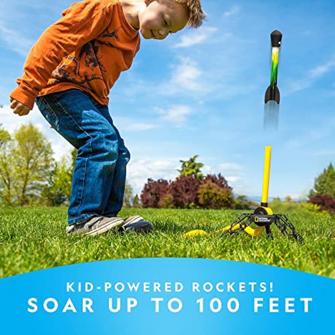 National Geographic Air Rocket Toy – LED Rocket Launcher for Kids, Jump & Launch Air Powered Foam Rockets up to 30.5 Meters, Kids Outdoor Activities