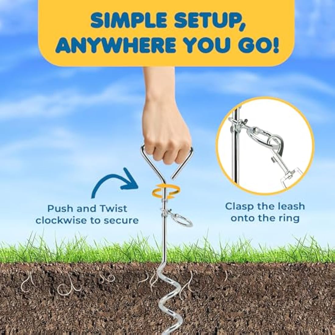 SunGrow Heavy-Duty Steel Dog Tie-Out Cable and Stake, Spiral Ground Anchor Spike with 360° Rotating Ring, Dog Tether Travel Accessories, Outdoor Yard Camping Accessories for Dogs up to 80 Pounds