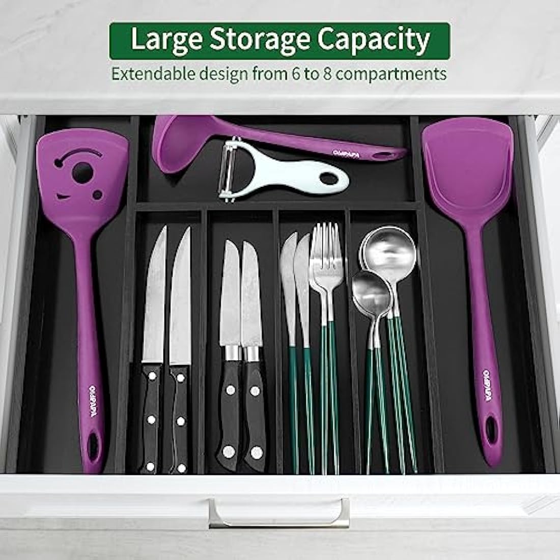 Utoplike Bamboo Cutlery Drawer Organiser Trays, Expandable Utensil Organiser, Adjustable Silverware and Flatware Holder, Drawer Dividers for Spoons Forks Knives in Kitchen, Bedroom, Large, Black