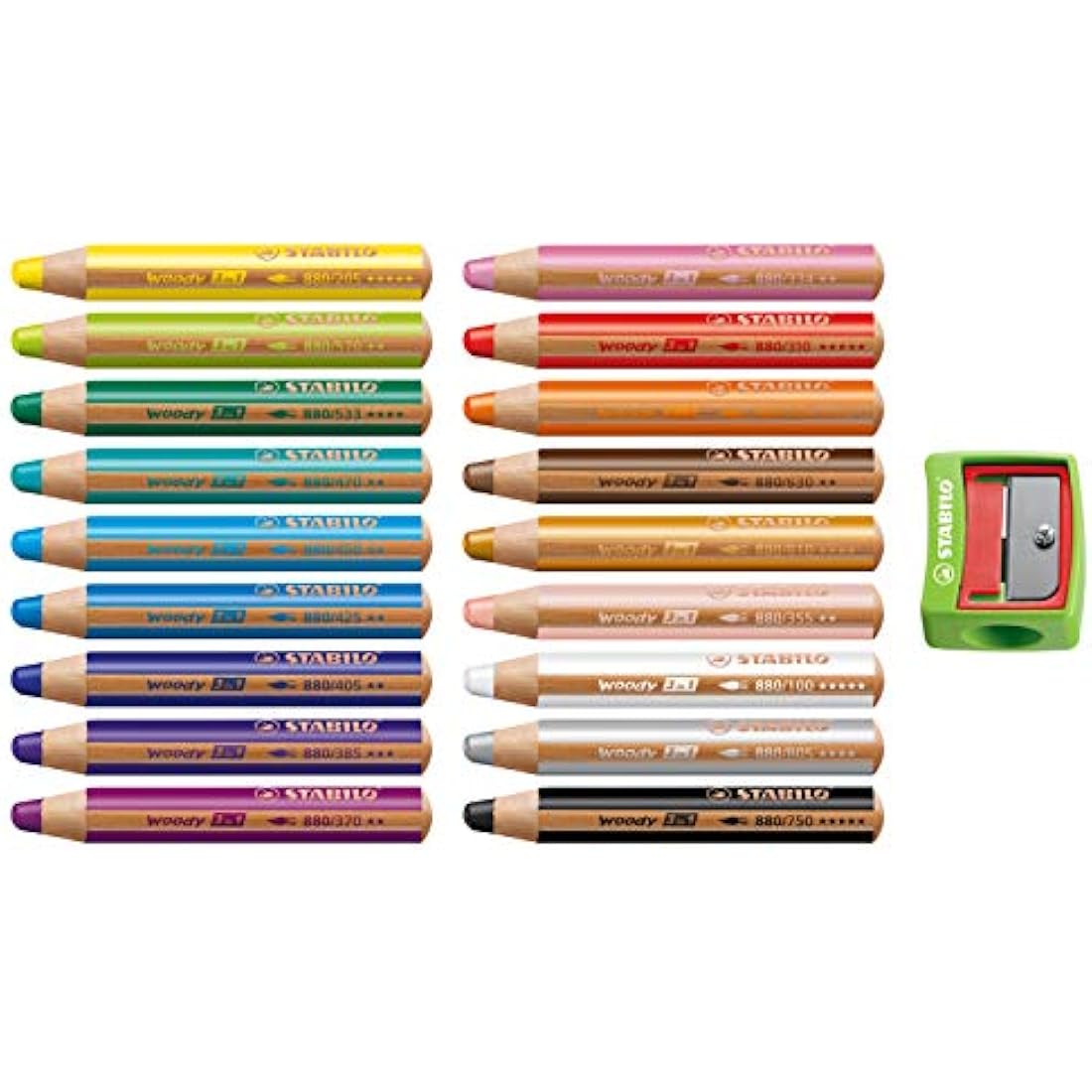 STABILO - Colouring Pencil, Watercolour & Wax Crayon - Woody 3 in 1 - Pack of 18 with Sharpener in Green