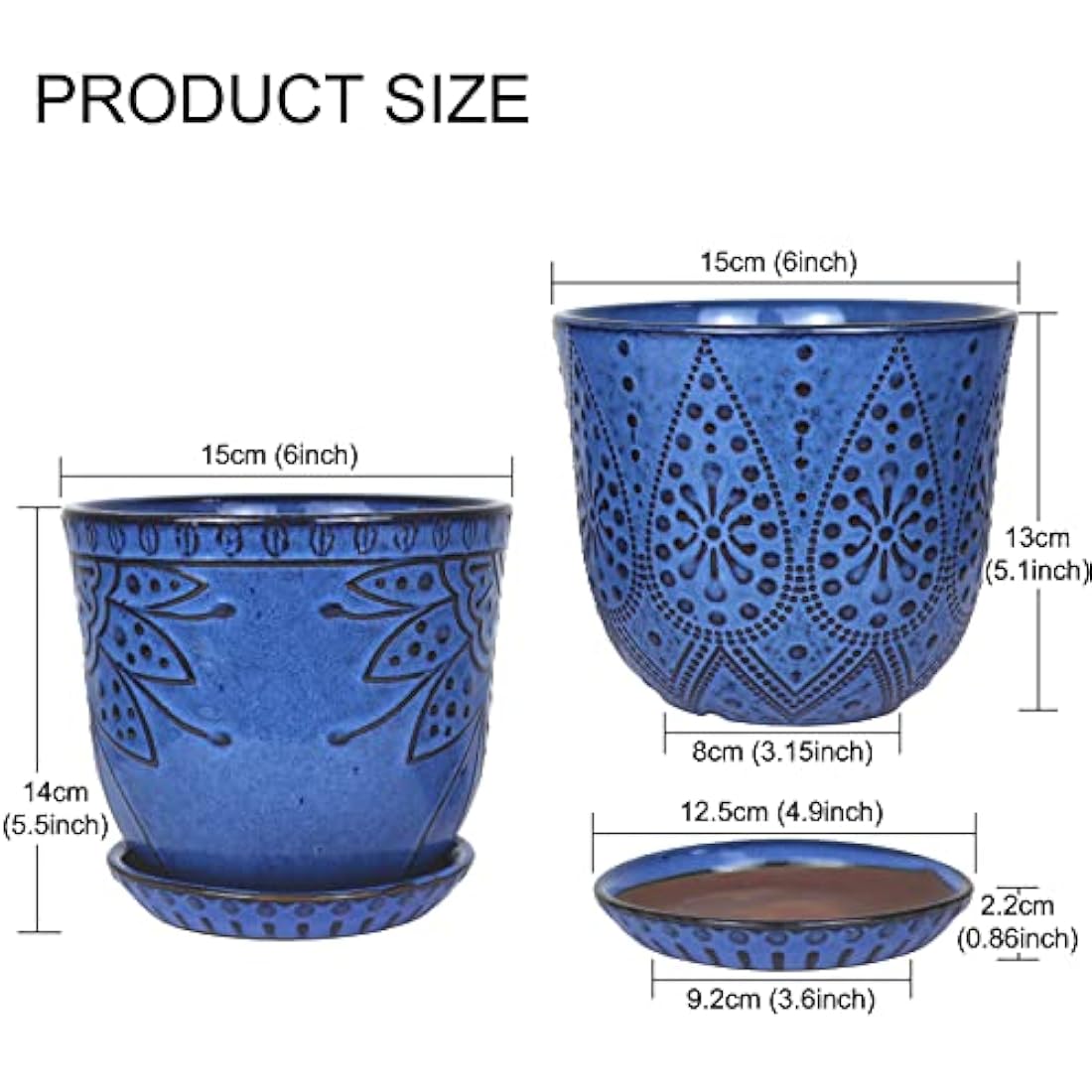 YFFSRJDJ 15CM Flower Pots-Set of 2. Beaded Ceramic Planter with Drainage Hole and Saucer for Plants, Indoor-Outdoor Large Round Succulent Plant Garden Pot-Blue