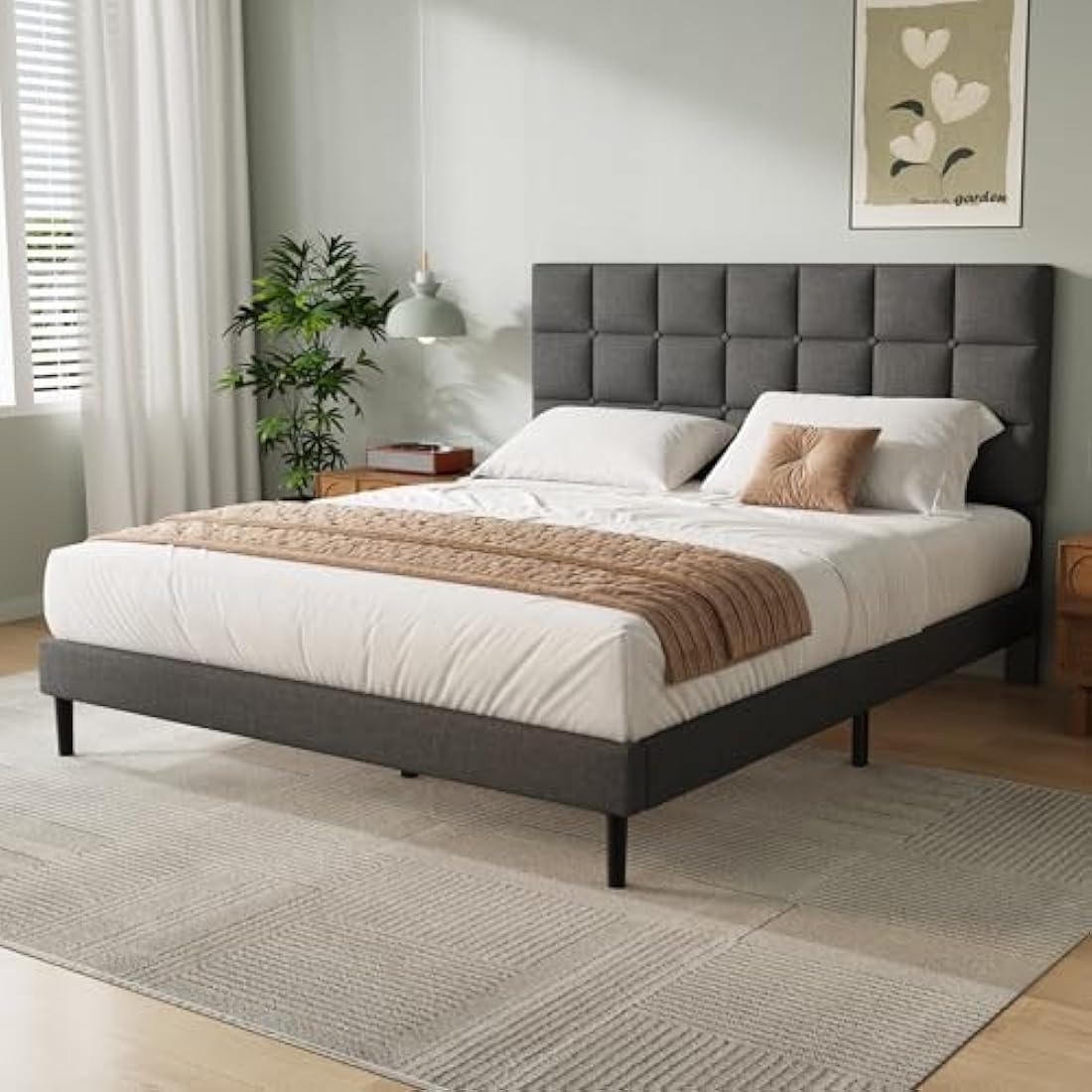 Yocreat Double Bed Frame, Easy Assembly, Sturdy Wooden Slat Support, Upholstered Platform with Headboard, No Box Spring Needed, Gray Double Bed 135×190