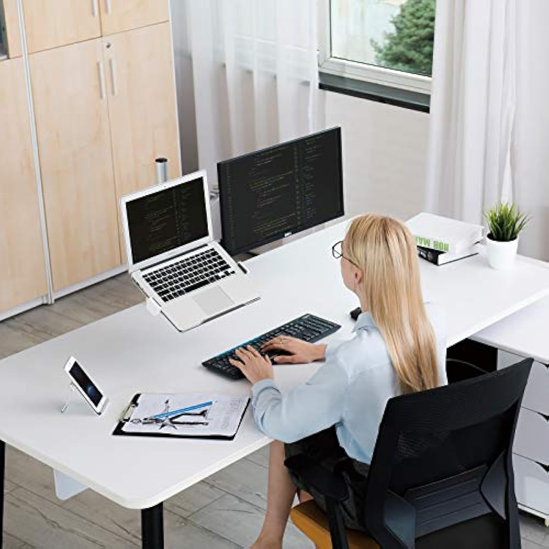 Thingy Club Dual Arm Monitor & Laptop Mount, Desk Mount Stand for up to 30 inch Computer Screen and 12-17 inch Laptop, Height Adjustable, Swivel at Any Angle, Each Arm Supports 8KG (Silver)