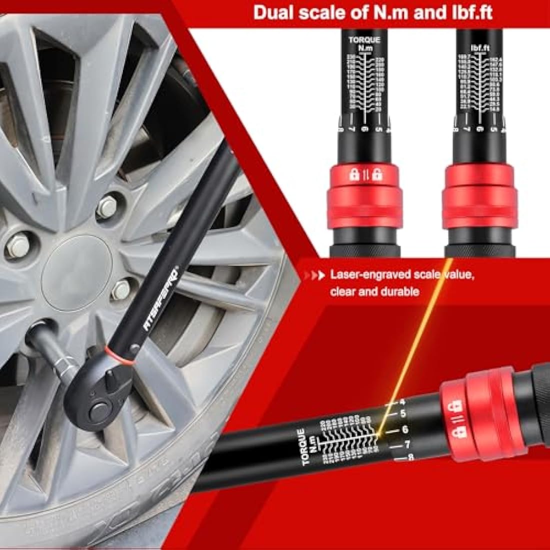 ATsafepro 1/2" Drive Torque Wrench Set,Car Wheel Torque Wrench 20-230 Nm with 3/8'' Adapter, Dual-Direction Adjustable 72 Tooth for Car Motorcycle,Truck,± 3% Accuracy