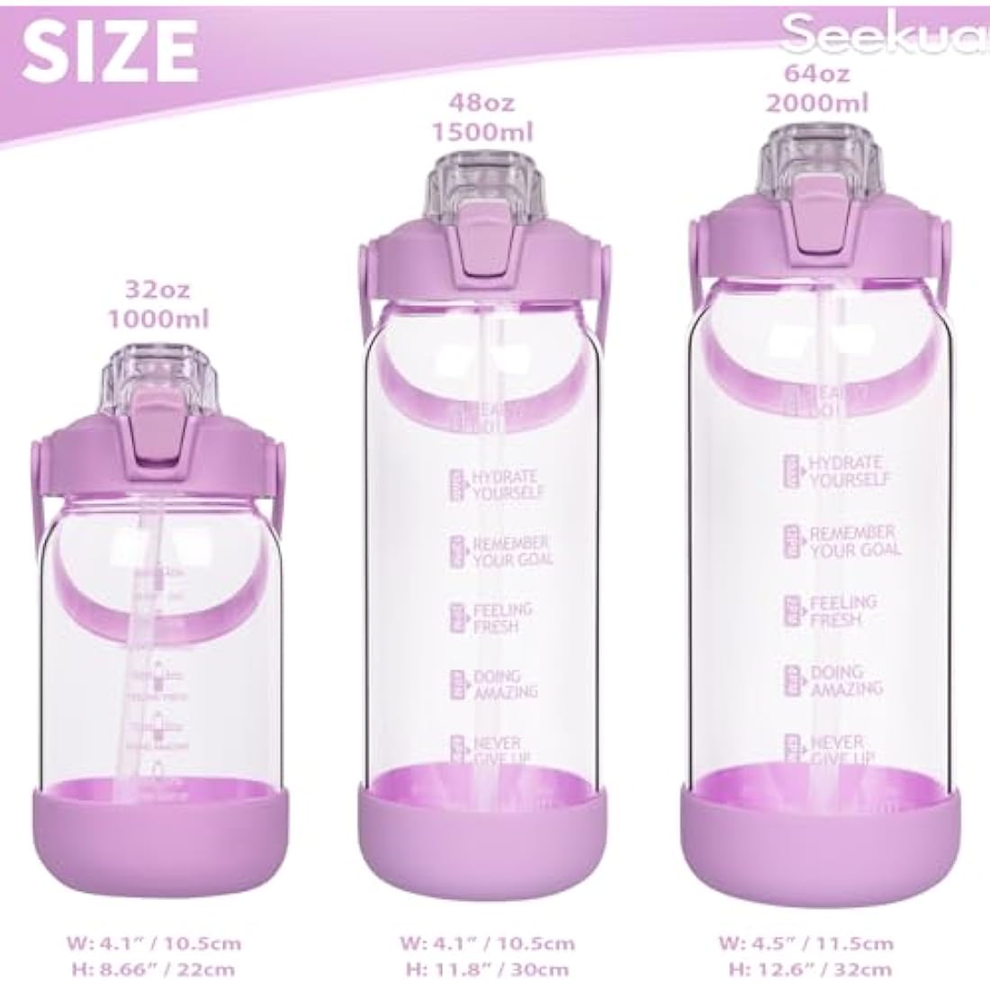 Seekua 2l Glass Water Bottle with Straw & Motivational Time Markings 2 litre Large Leakproof Gym Drinking Bottle