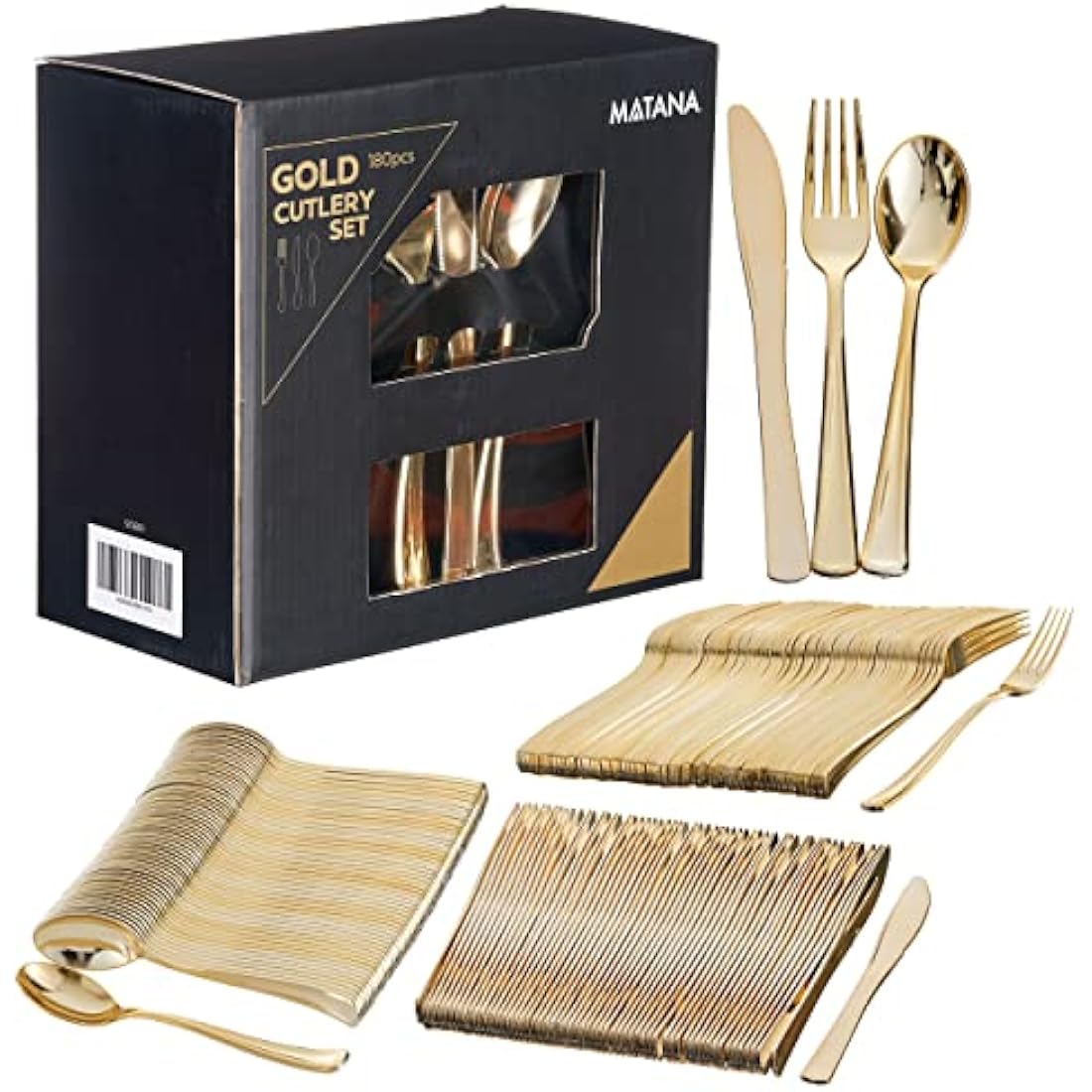 MATANA - 180 Elegant Gold Plastic Cutlery Set - 60 Knives, 60 Forks, 60 Spoons - Hand Washable, Reusable & Heavy Duty Tableware for Weddings, Birthday, Parties & Events