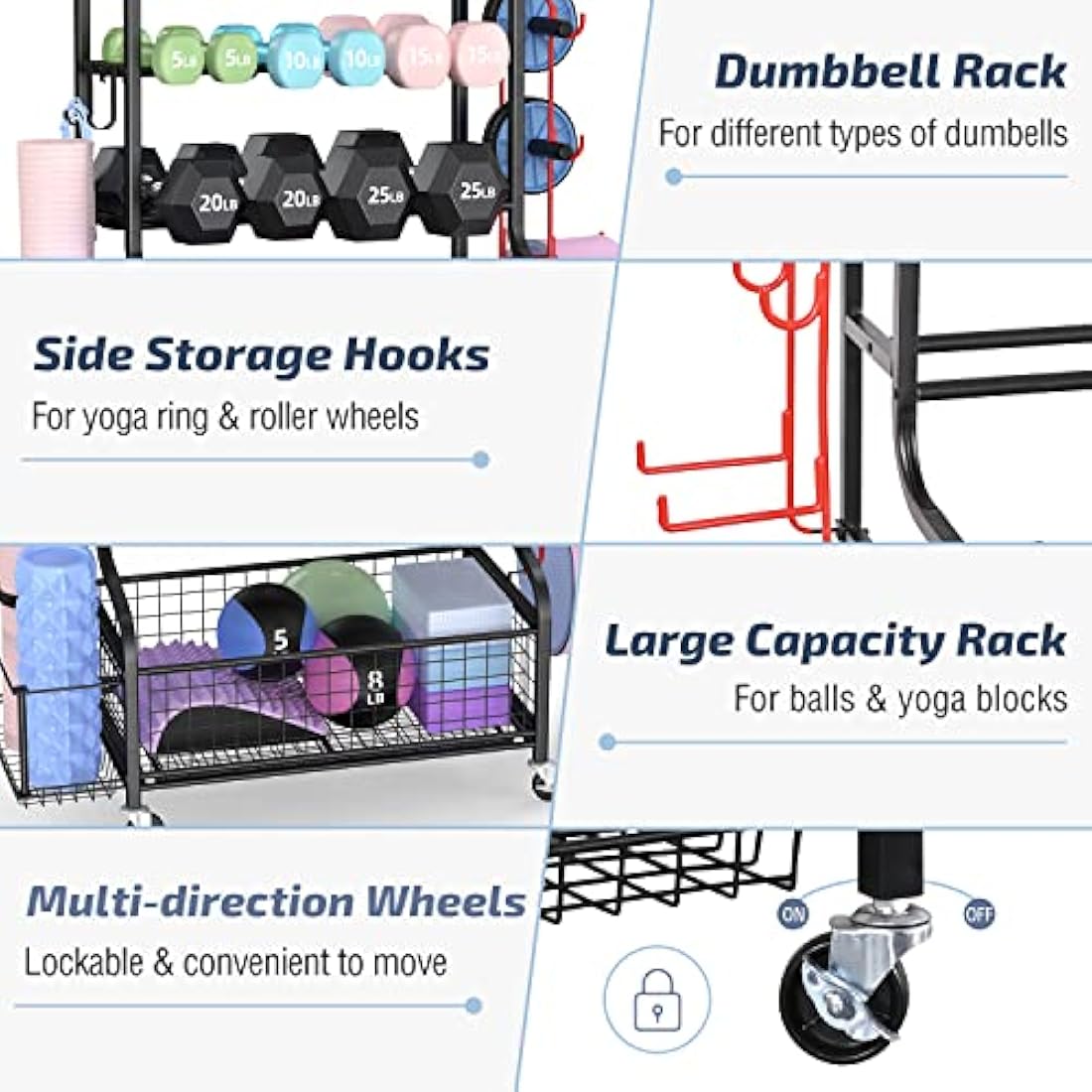 Mythinglogic Dumbbell Rack Stand, Multifunctional Weight Rack for Dumbbells, Yoga Mat, Fascia Roller, Kettlebell and Yoga Block, Powder-Coated Steel Dumbbell Stand with Wheels and Hooks