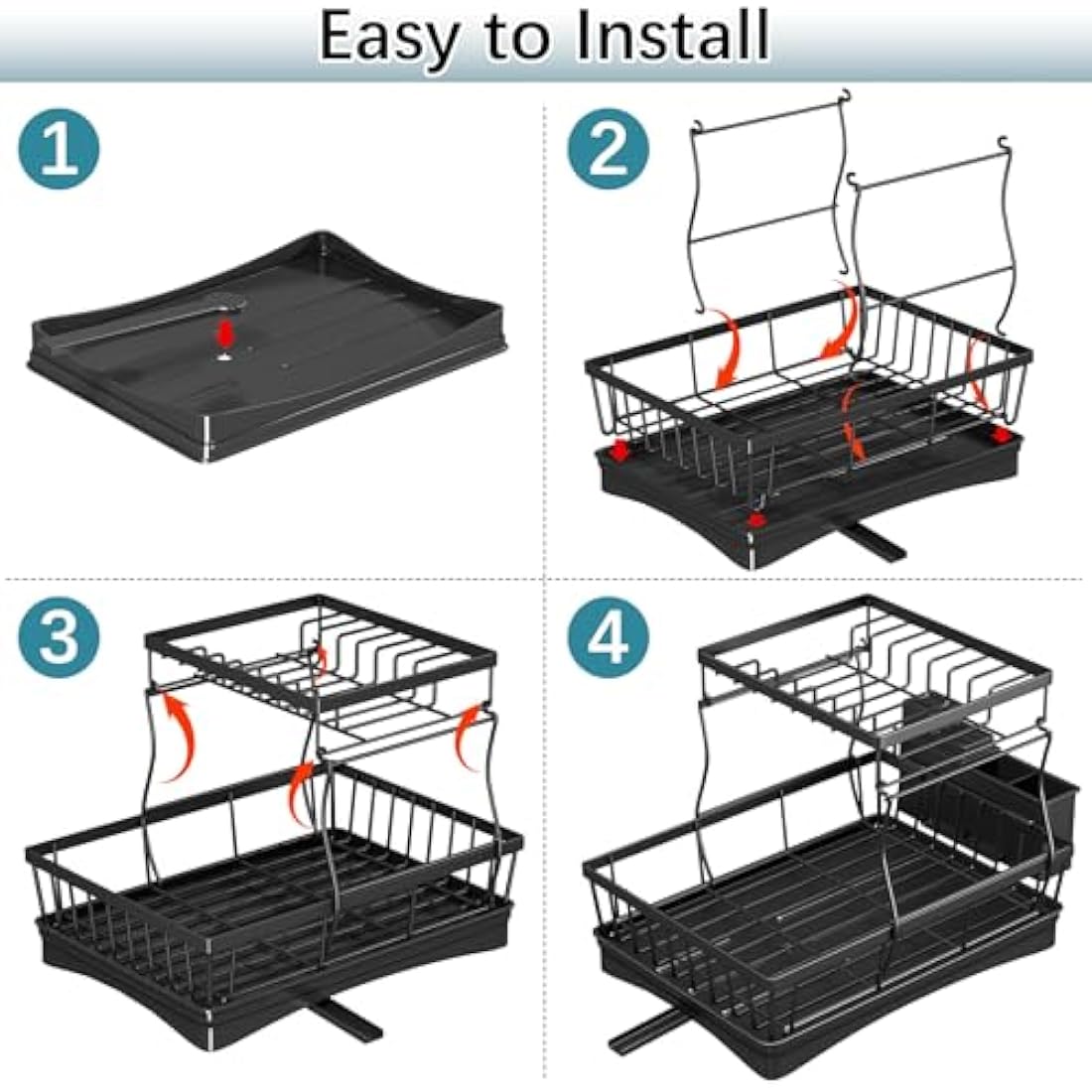 StowBin 2 Tier Dish Drainer Rack for Kitchen Counter - Space-Saving Dish Rack with Utensil Holder, Large Capacity Dish Drying Rack with Draining Board, Black