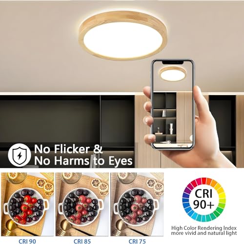 YYUTLUO LED Ceiling Light Wood, Top 360 Glow Round Natural Wooden Lamp | 4500K Natural White, 18W 1600lm | Living Room, Kitchen, Dining Room,