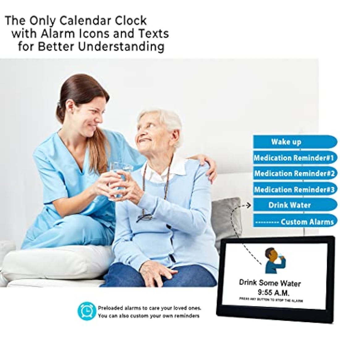 Véfaîî 10" Inch Large Digital Clock with Auto DST and Sun Moon Icons, Custom Reminders and Calendar, Day Date for Seniors Dementia Alzheimers' Clock with Remote Control