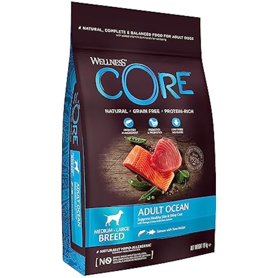 Wellness CORE Adult Ocean, 10kg, Salmon & Tuna, Dry Dog Food for Medium to Large Breeds, Grain-Free, High Fish Content, Protein-Rich, Supports Healthy Skin & Shiny Coat