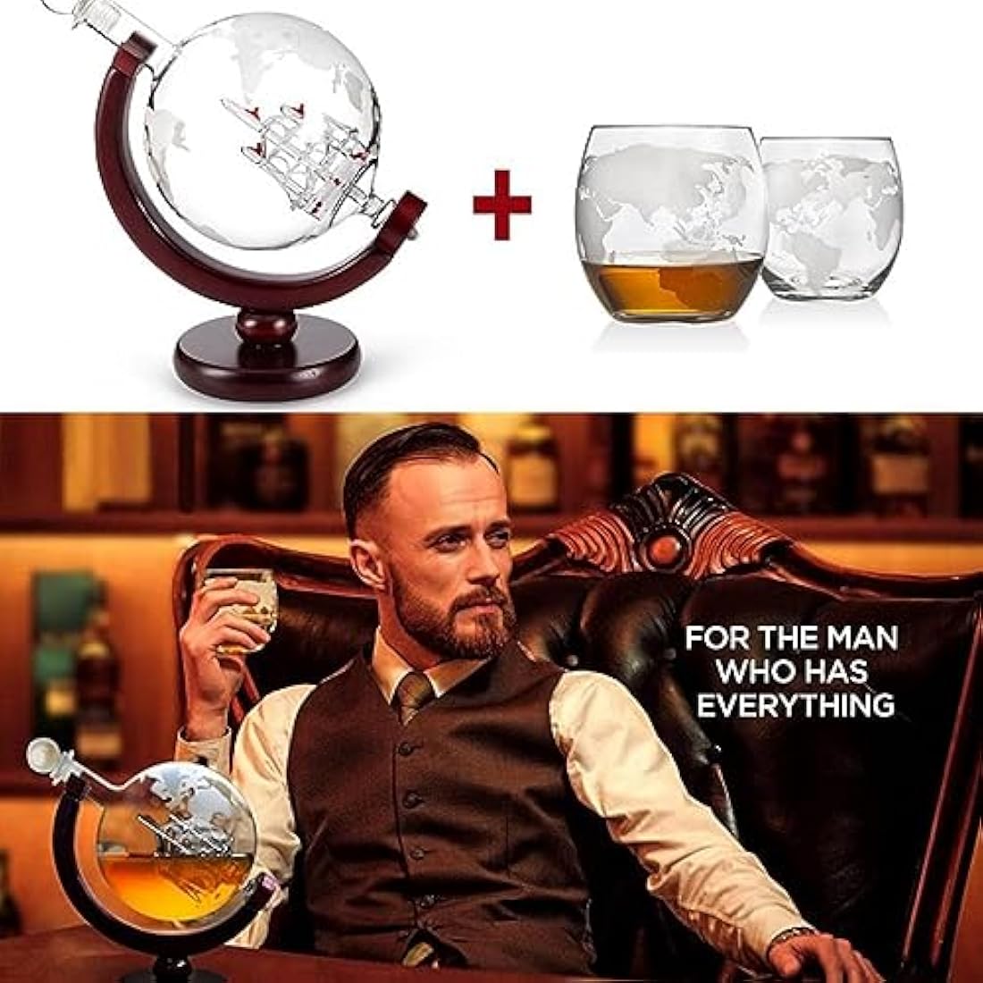 Whiskey Globe Decanter with Glasses Set, Whiskey Carafe Set with 1 Decanter and 2 Glasses with Ship for Scotch, Vodka Gift