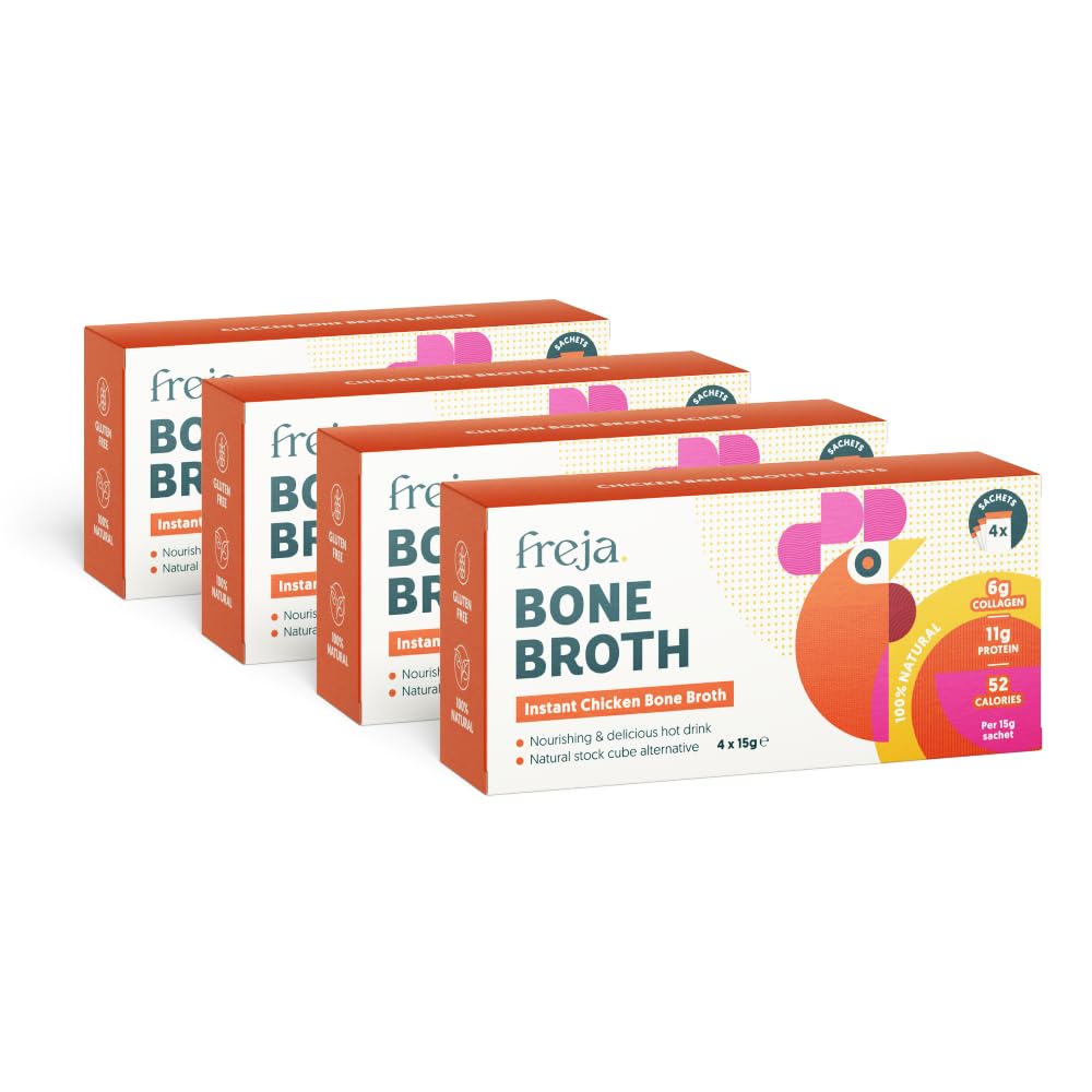 Freja Instant Chicken Bone Broth | Chicken | 100% Natural | Rich in Collagen, Protein & Amino Acids | Dairy & Gluten Free, 4 boxes (4 x 15g Sachets