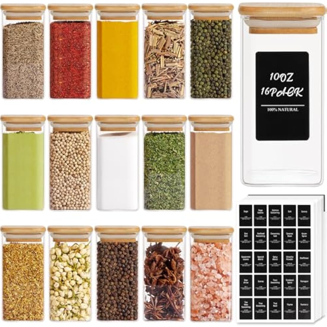 ComSaf 16Pcs Glass Spice Jars with Bamboo Lid, 10oz/300ml Airtight Square Containers with 275 Black Lables, Empty Seasoning Jars for Spice Salt Sugar
