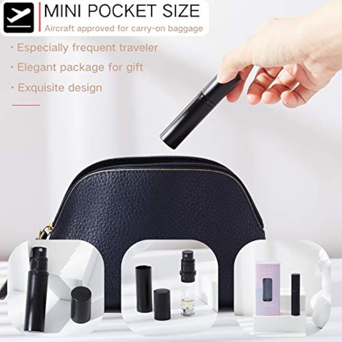 AsaNana Perfume Atomiser, Refillable & Travel Size Perfume Bottle, Leaking Proof,Bottom Pump without Funnel, Luxurious Small women and men, 5ml (CLa-2P(Black&Black))